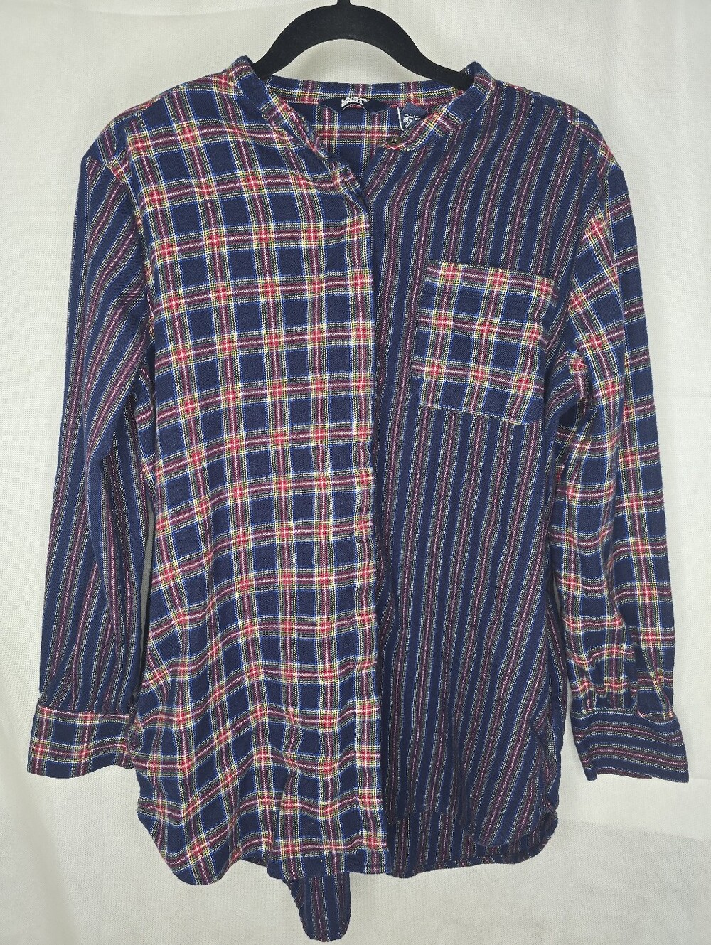 Lands' End Flannel Tunic Top Blue Red Mixed Plaid Patchwork Long Sleeve Pockets